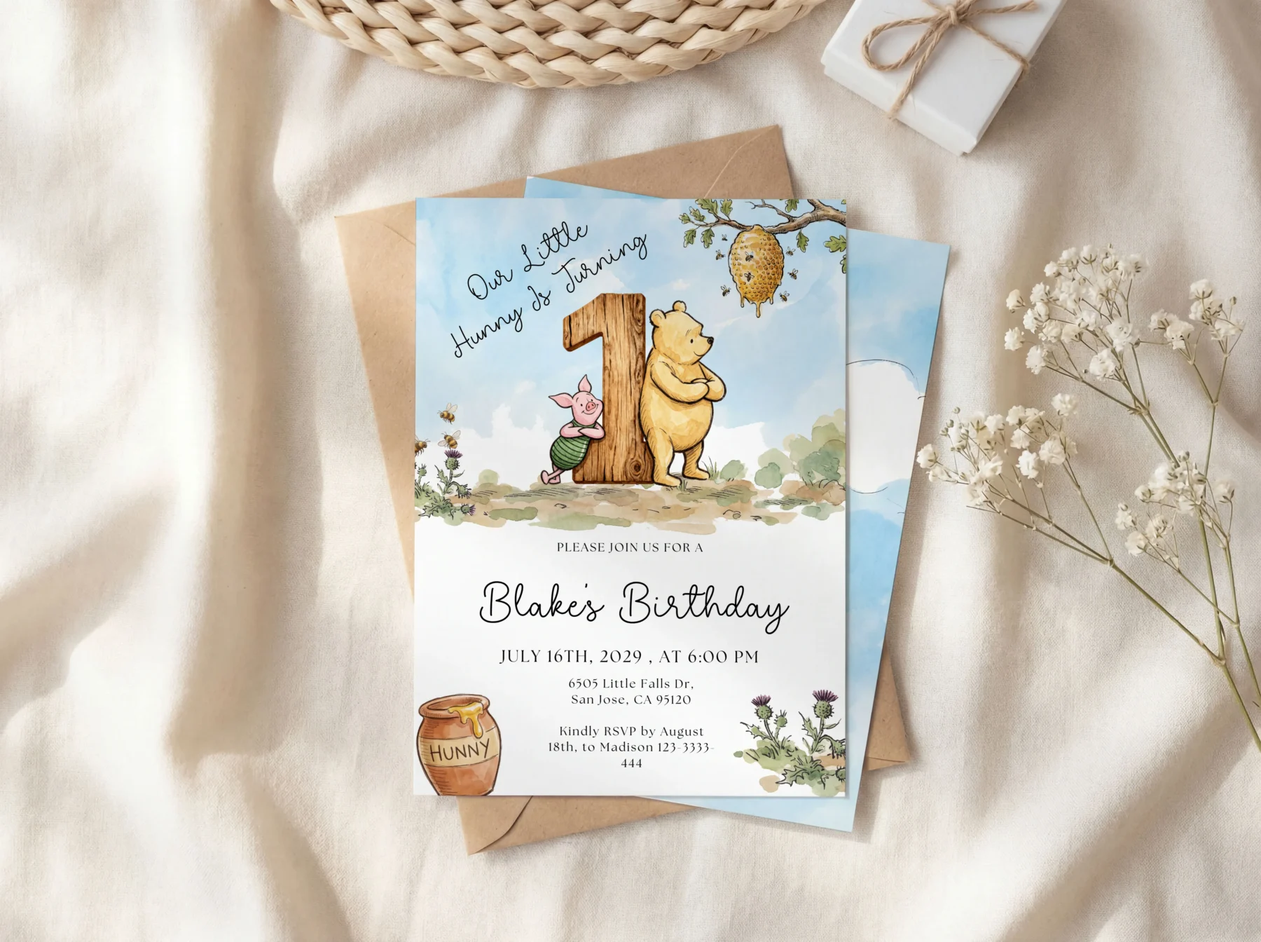 Winnie the Poon Blue Birthday Invitation Canva Template detail 4