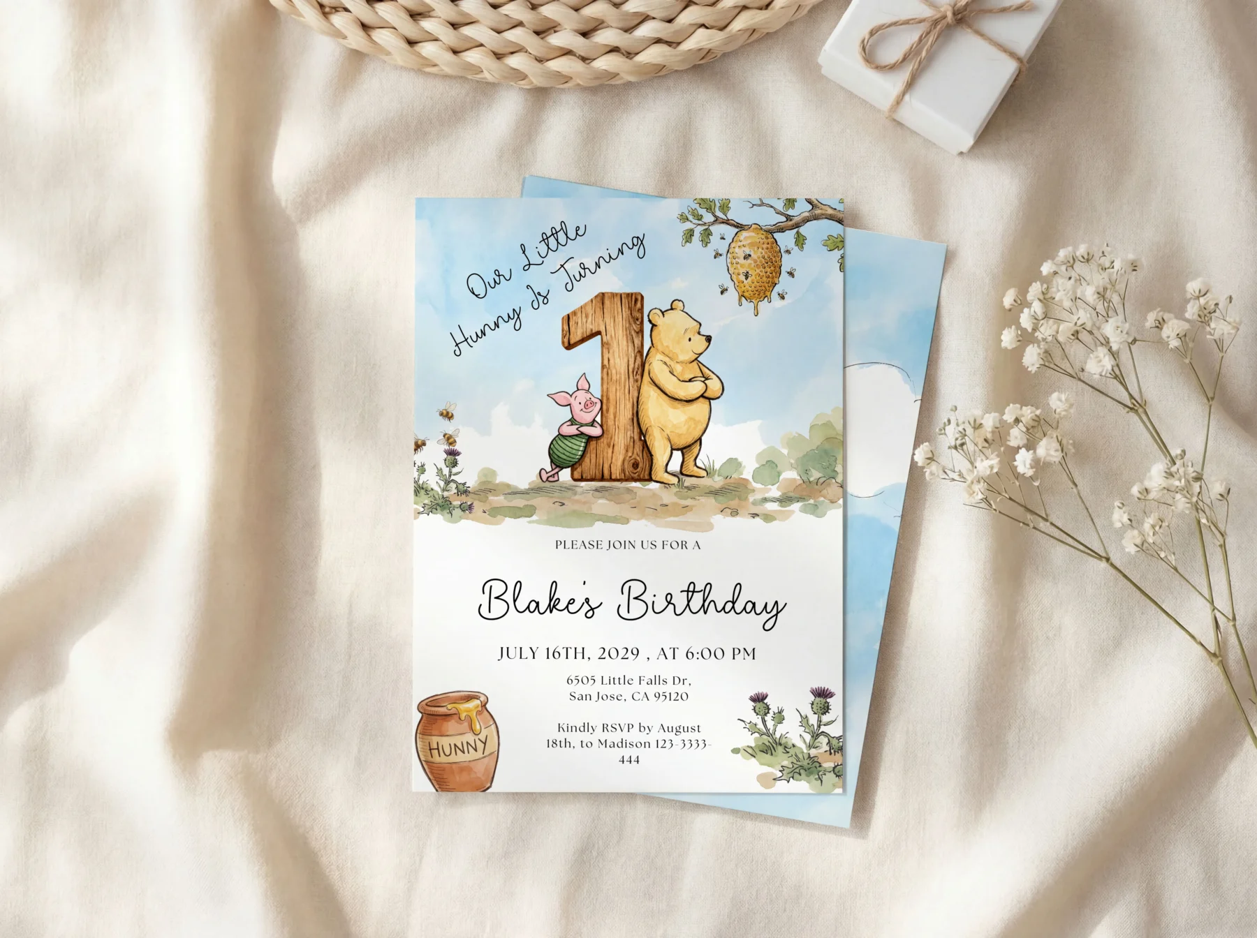 Winnie the Poon Blue Birthday Invitation Canva Template detail 2