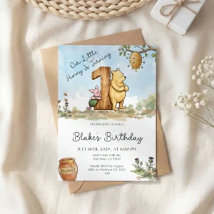 Winnie the Poon Blue Birthday Invitation Canva Template preview