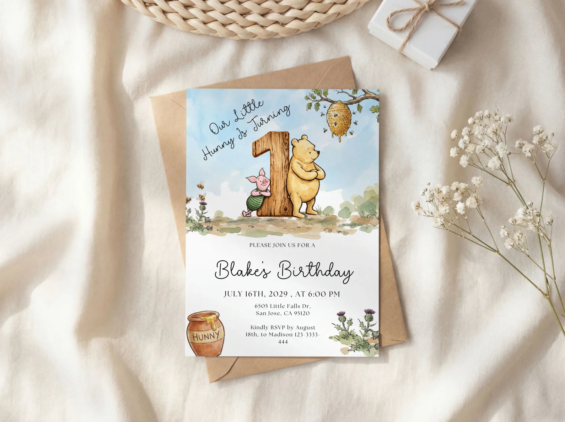 Winnie the Poon Blue Birthday Invitation Canva Template preview