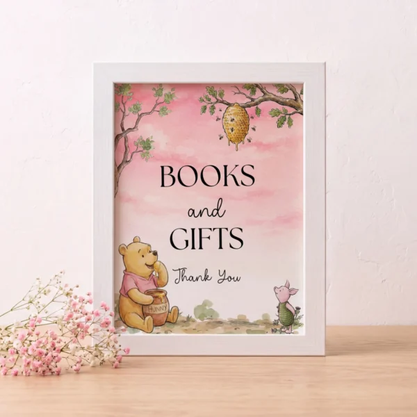 Winnie Pink Baby Shower Sign Canva Template preview
