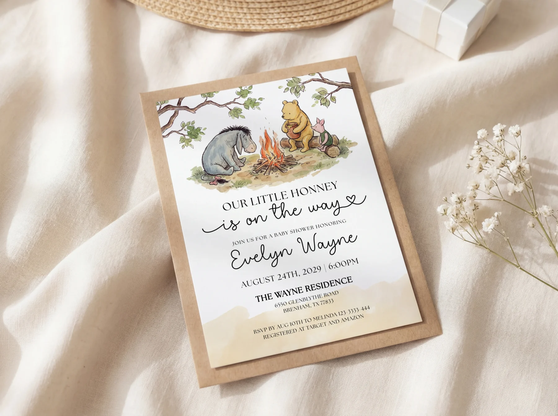Winnie Beige Baby Shower Invitation Set Canva Template detail 3