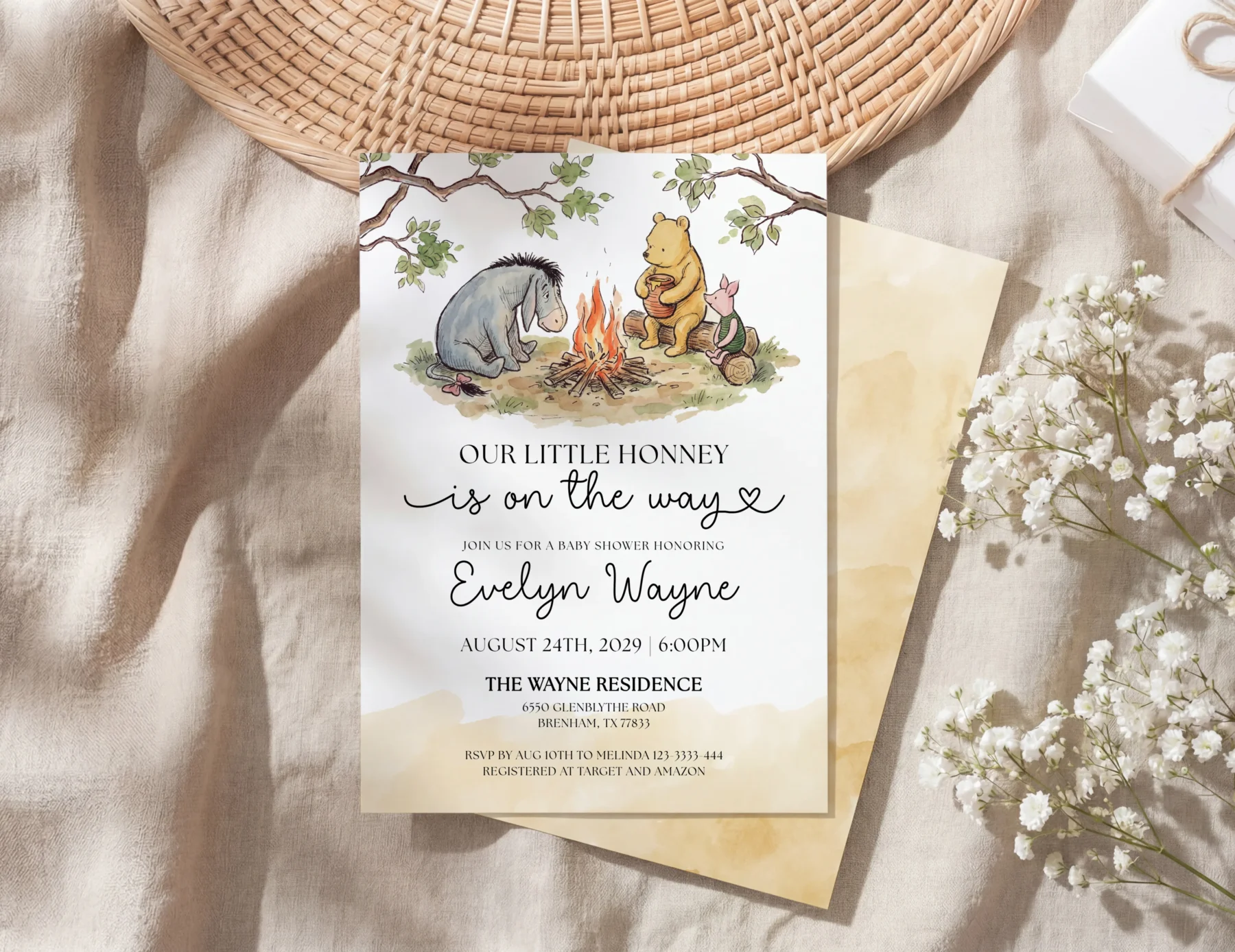 Winnie Beige Baby Shower Invitation Set Canva Template detail 2