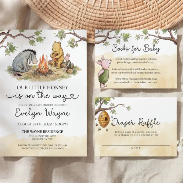 Winnie Beige Baby Shower Invitation Set Canva Template preview