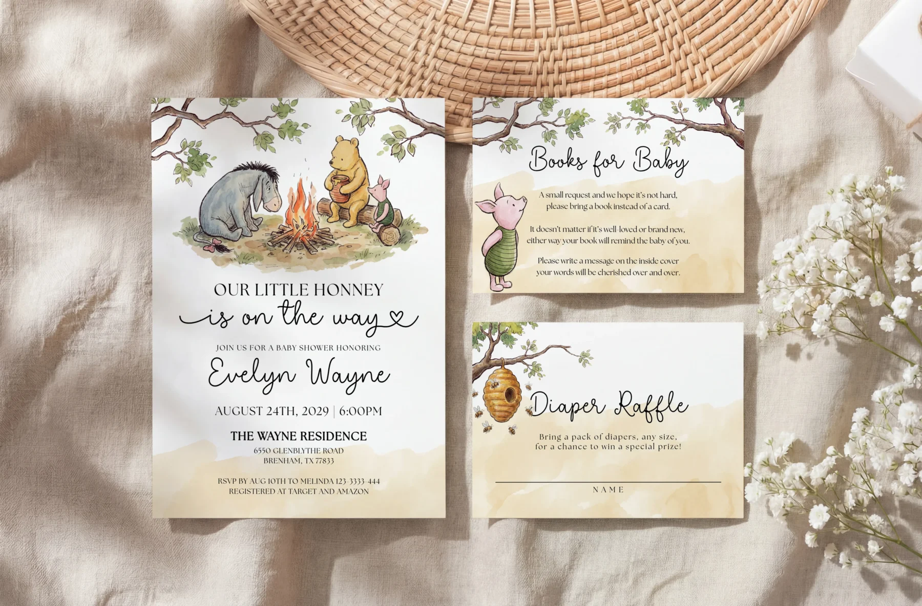 Winnie Beige Baby Shower Invitation Set Canva Template preview