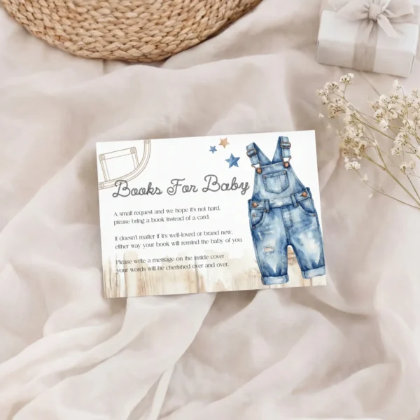 Blue Jean Baby Shower Books for Baby Card Canva Template preview