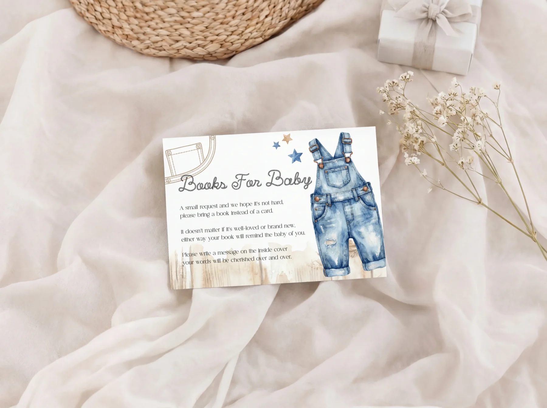 Blue Jean Baby Shower Books for Baby Card Canva Template preview