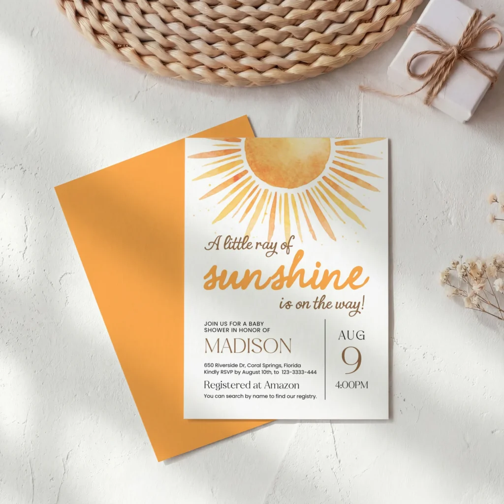 Sunshine Baby Shower Invitation Canva Template preview