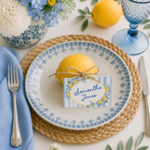 Lemon Blue Bridal Shower Place Card Canva Template preview