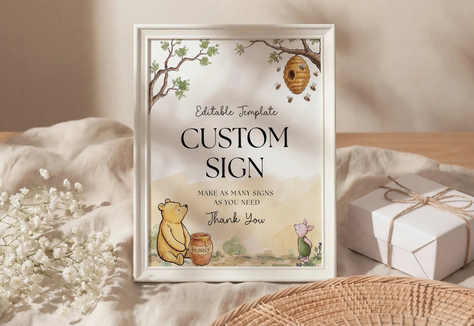 Winnie Beige Baby Shower Custom Sign Canva Template detail 2