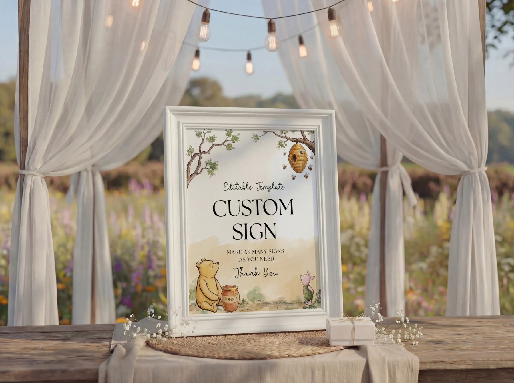Winnie Beige Baby Shower Custom Sign Canva Template preview