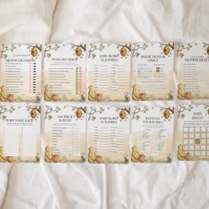 Winnie Beige Baby Shower Game Canva Template preview