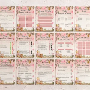 Winnie Pink Baby Shower Game Canva Template preview
