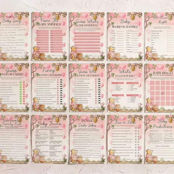 Winnie Pink Baby Shower Game Canva Template preview