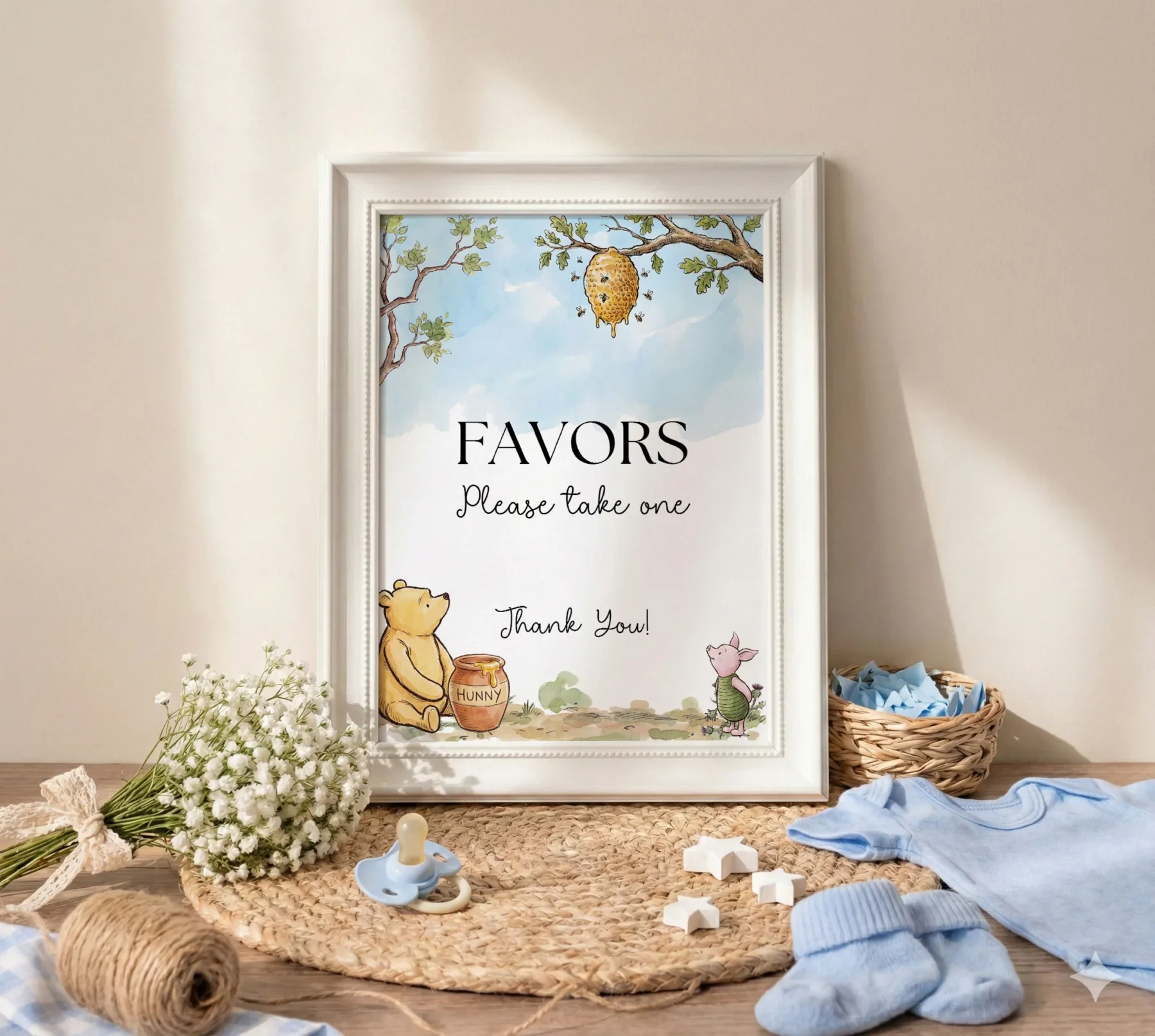 Winnie the Poon Blue Baby Shower Favor Tag Canva Template detail 3