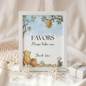 Winnie the Poon Blue Baby Shower Favor Tag Canva Template preview