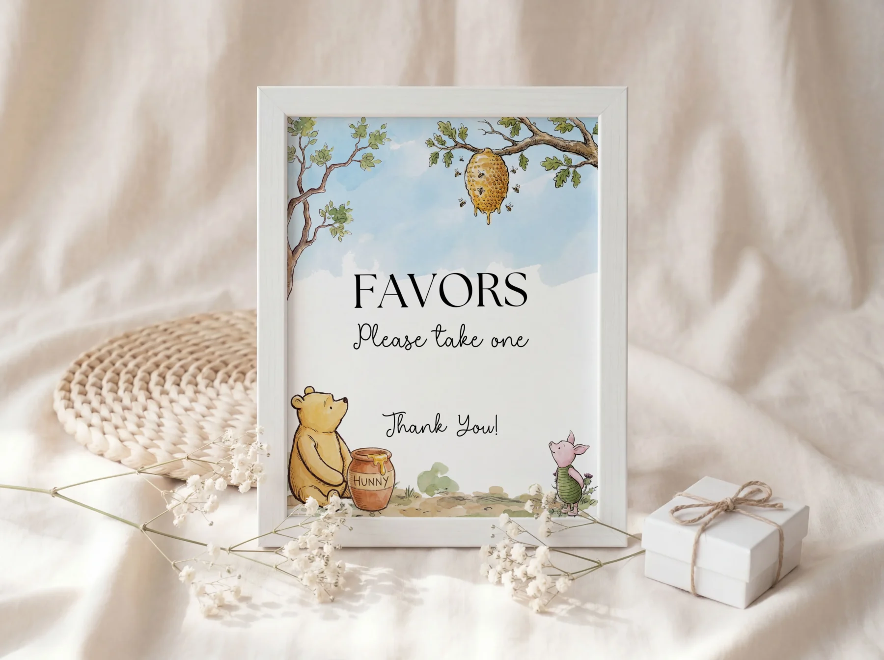Winnie the Poon Blue Baby Shower Favor Tag Canva Template preview