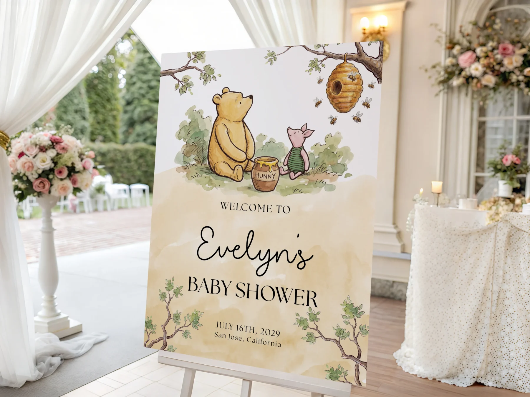 Winnie Beige Baby Shower Welcome Sign Canva Template detail 2