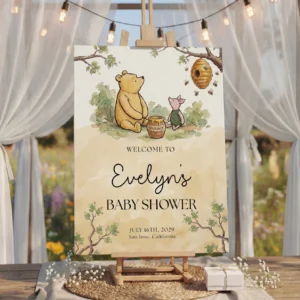 Winnie Beige Baby Shower Welcome Sign Canva Template preview