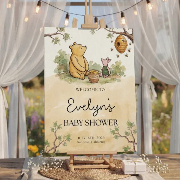 Winnie Beige Baby Shower Welcome Sign Canva Template preview