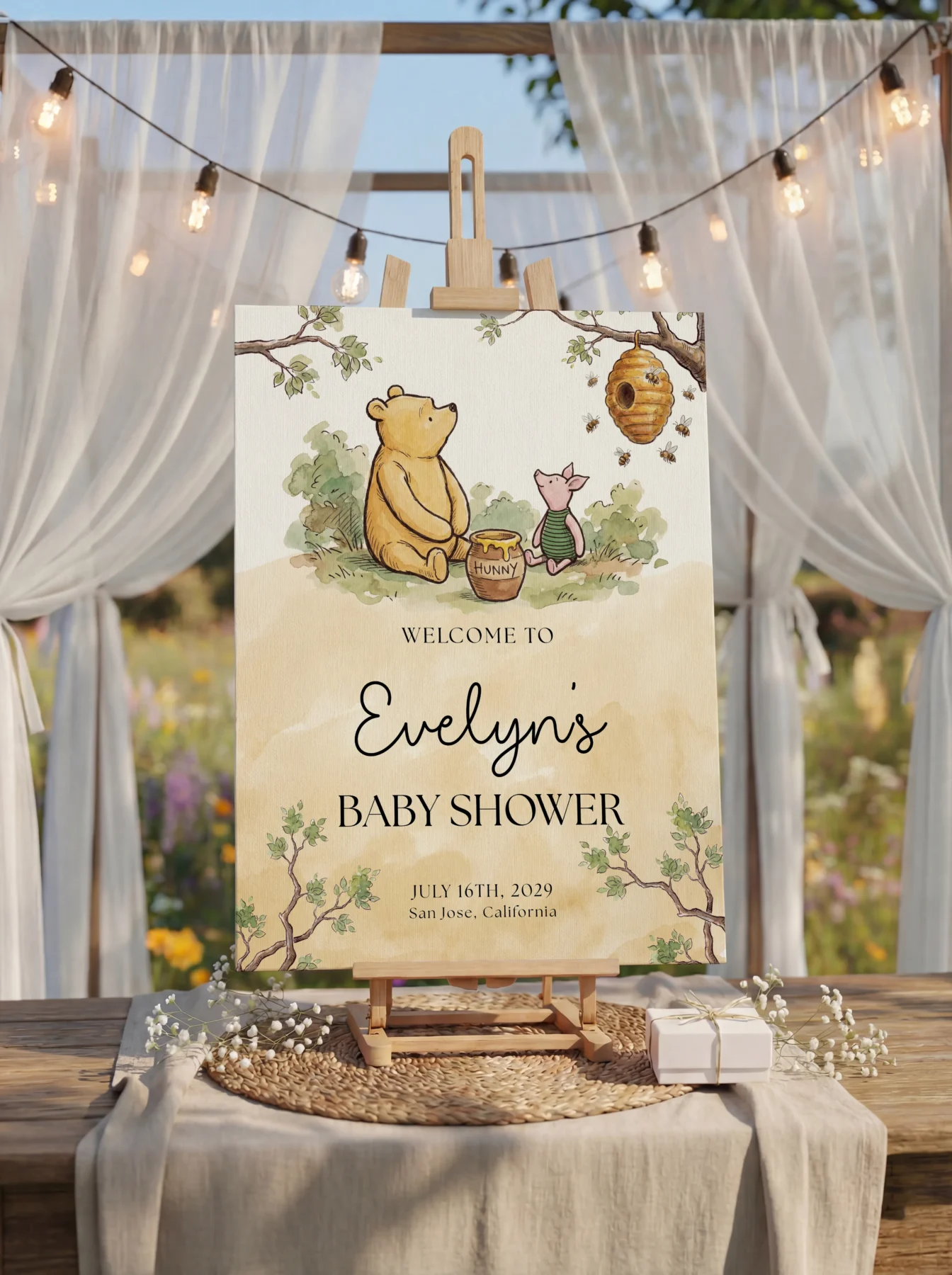 Winnie Beige Baby Shower Welcome Sign Canva Template preview