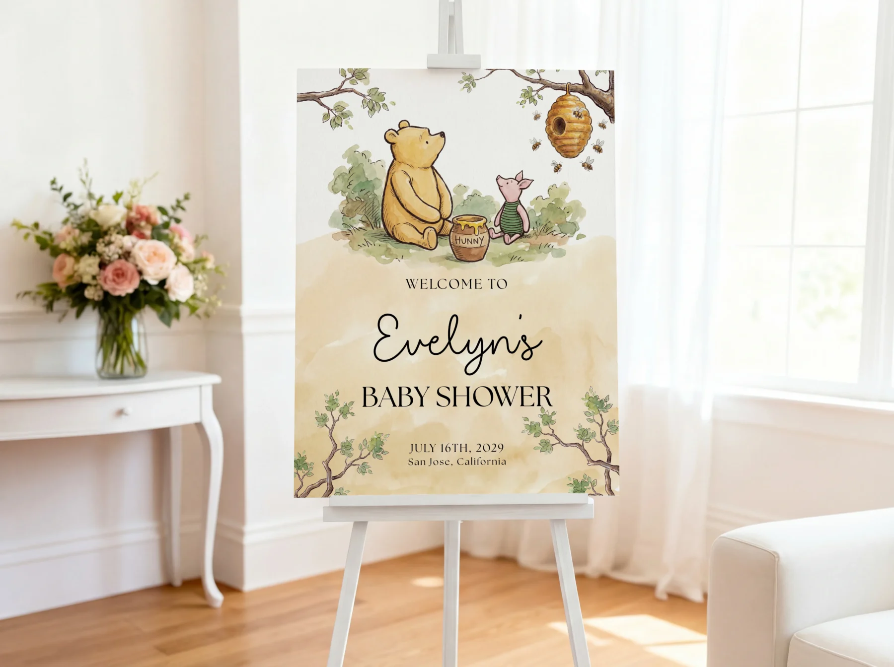 Winnie Beige Baby Shower Welcome Sign Canva Template detail 3