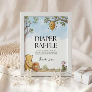 Winnie the Poon Blue Baby Shower Sign Canva Template preview