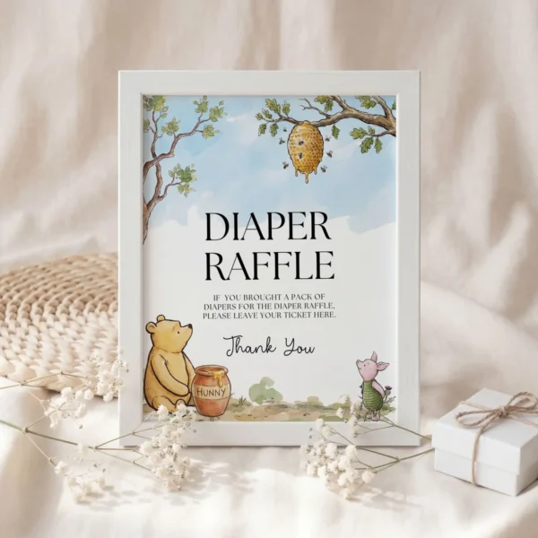 Winnie the Poon Blue Baby Shower Sign Canva Template preview