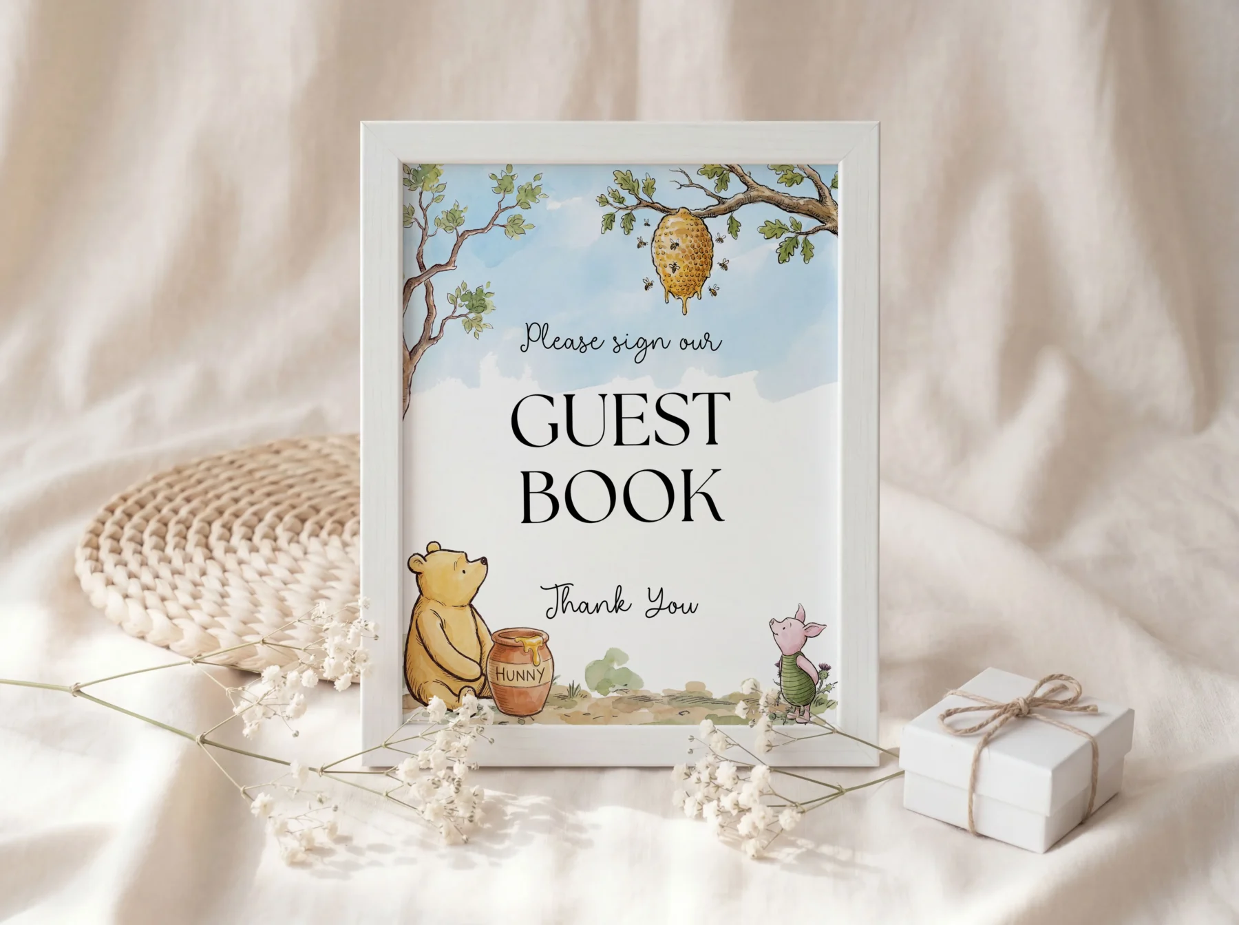 Winnie the Poon Blue Baby Shower Sign Canva Template preview