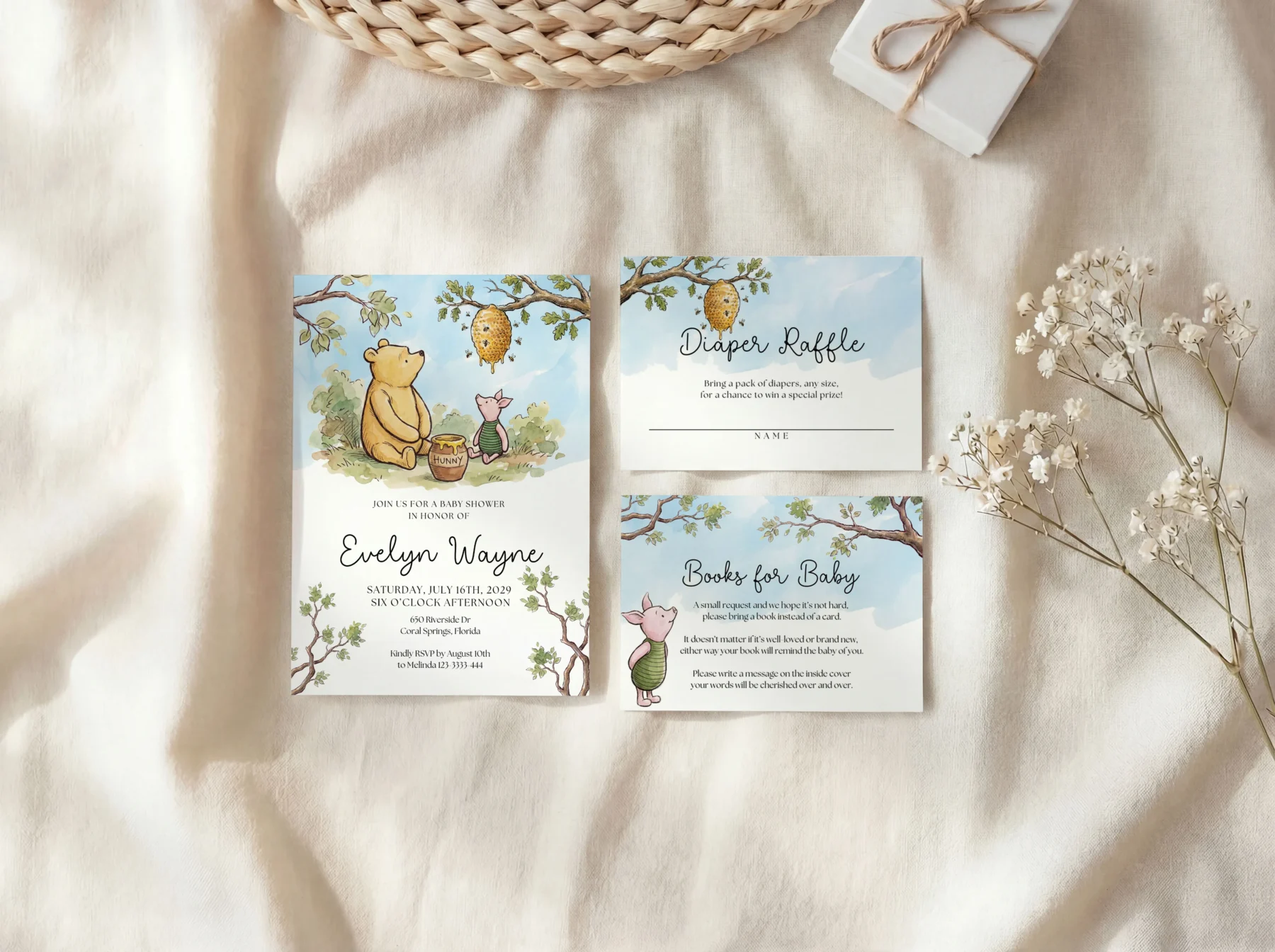 Winnie the Poon Blue Baby Shower Invitation Set Canva Template detail 6