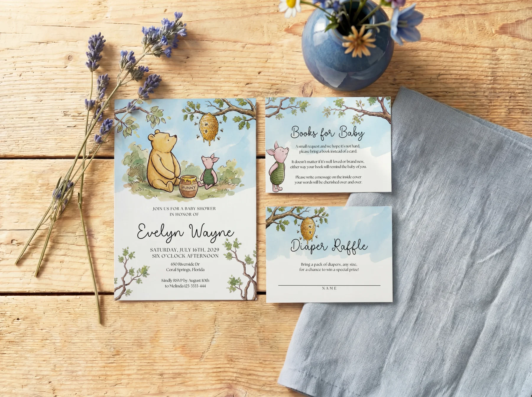 Winnie the Poon Blue Baby Shower Invitation Set Canva Template detail 7