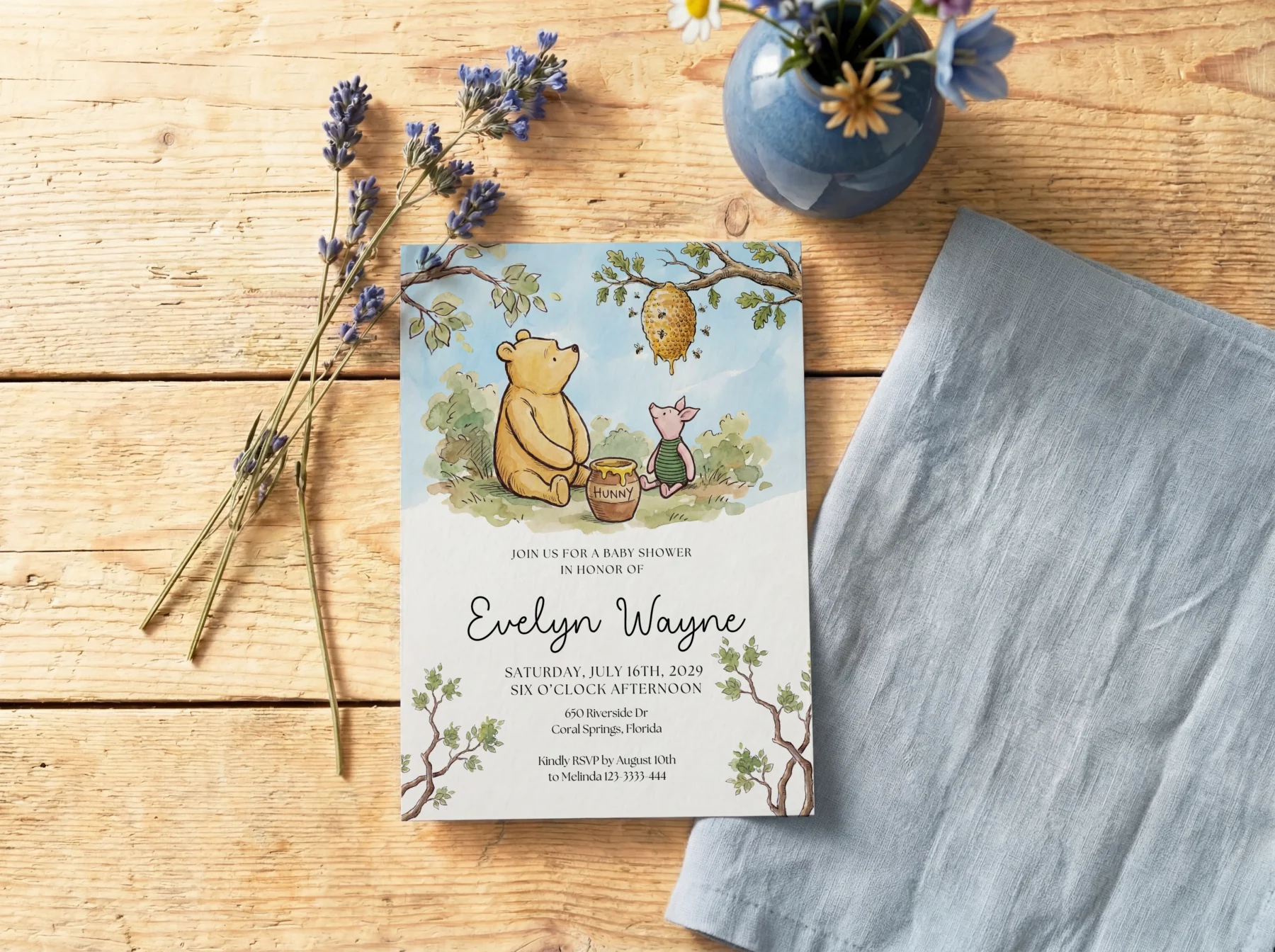 Winnie the Poon Blue Baby Shower Invitation Set Canva Template detail 9