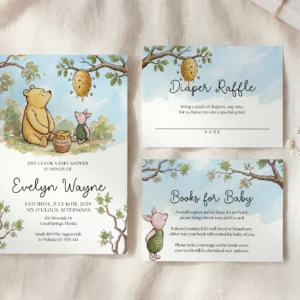 Winnie the Poon Blue Baby Shower Invitation Set Canva Template preview