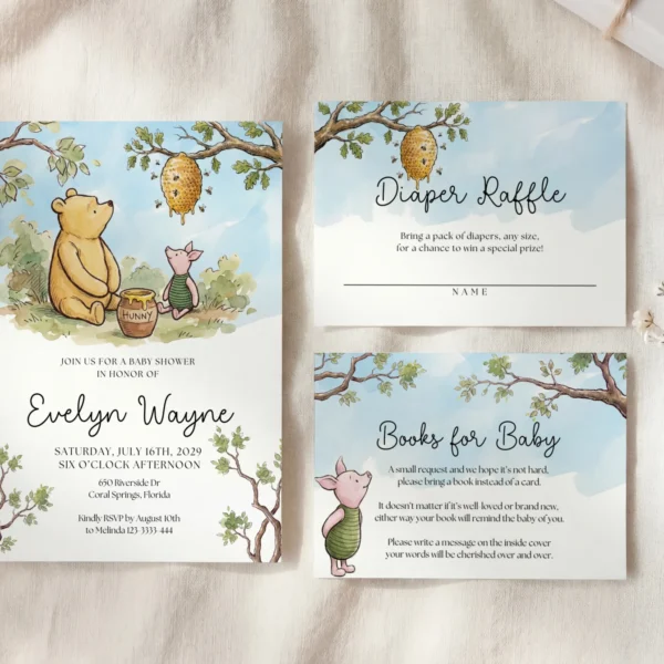 Winnie the Poon Blue Baby Shower Invitation Set Canva Template preview