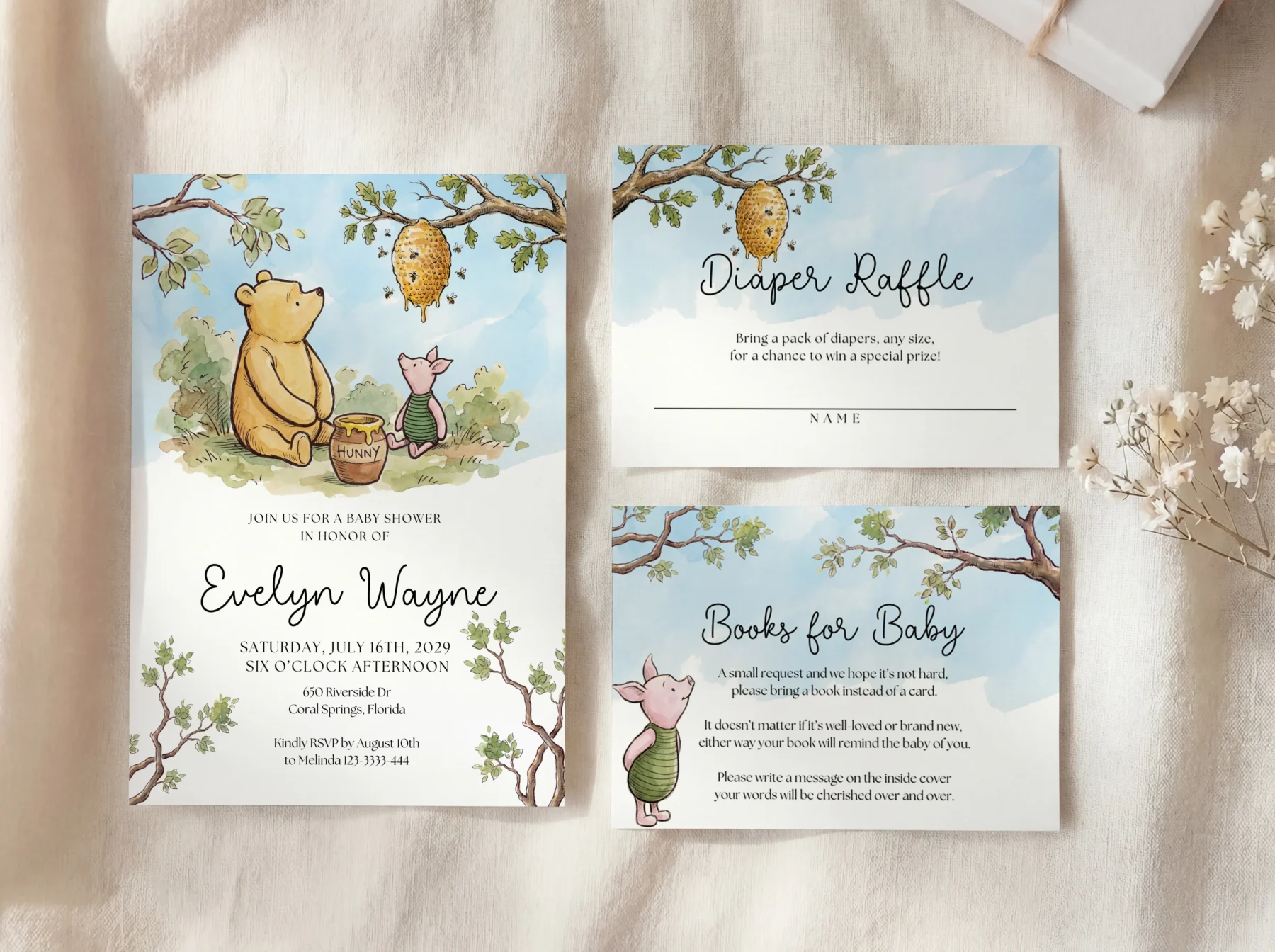Winnie the Poon Blue Baby Shower Invitation Set Canva Template preview