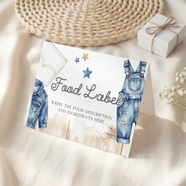 Blue Jean Baby Shower Food Label Canva Template preview