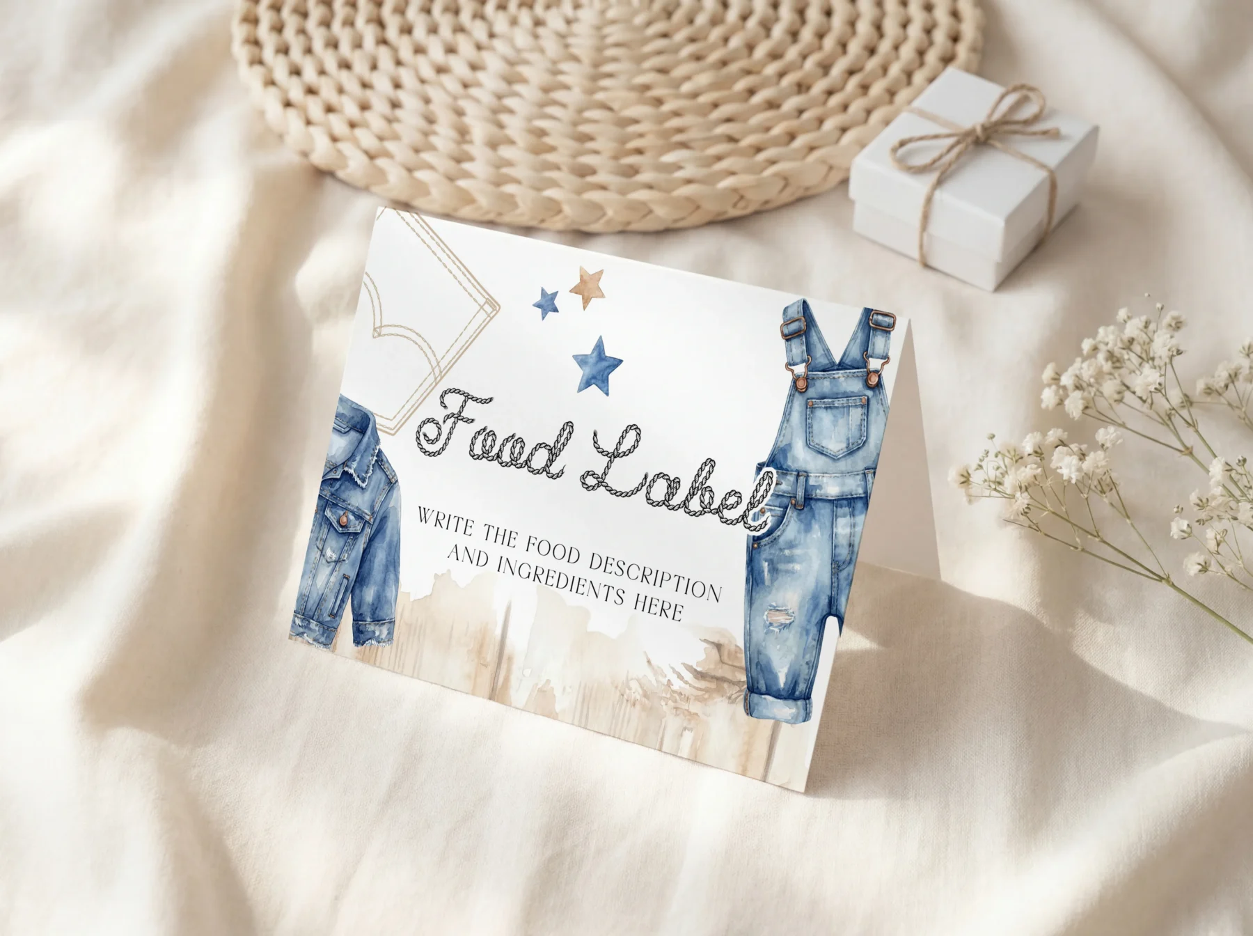 Blue Jean Baby Shower Food Label Canva Template preview