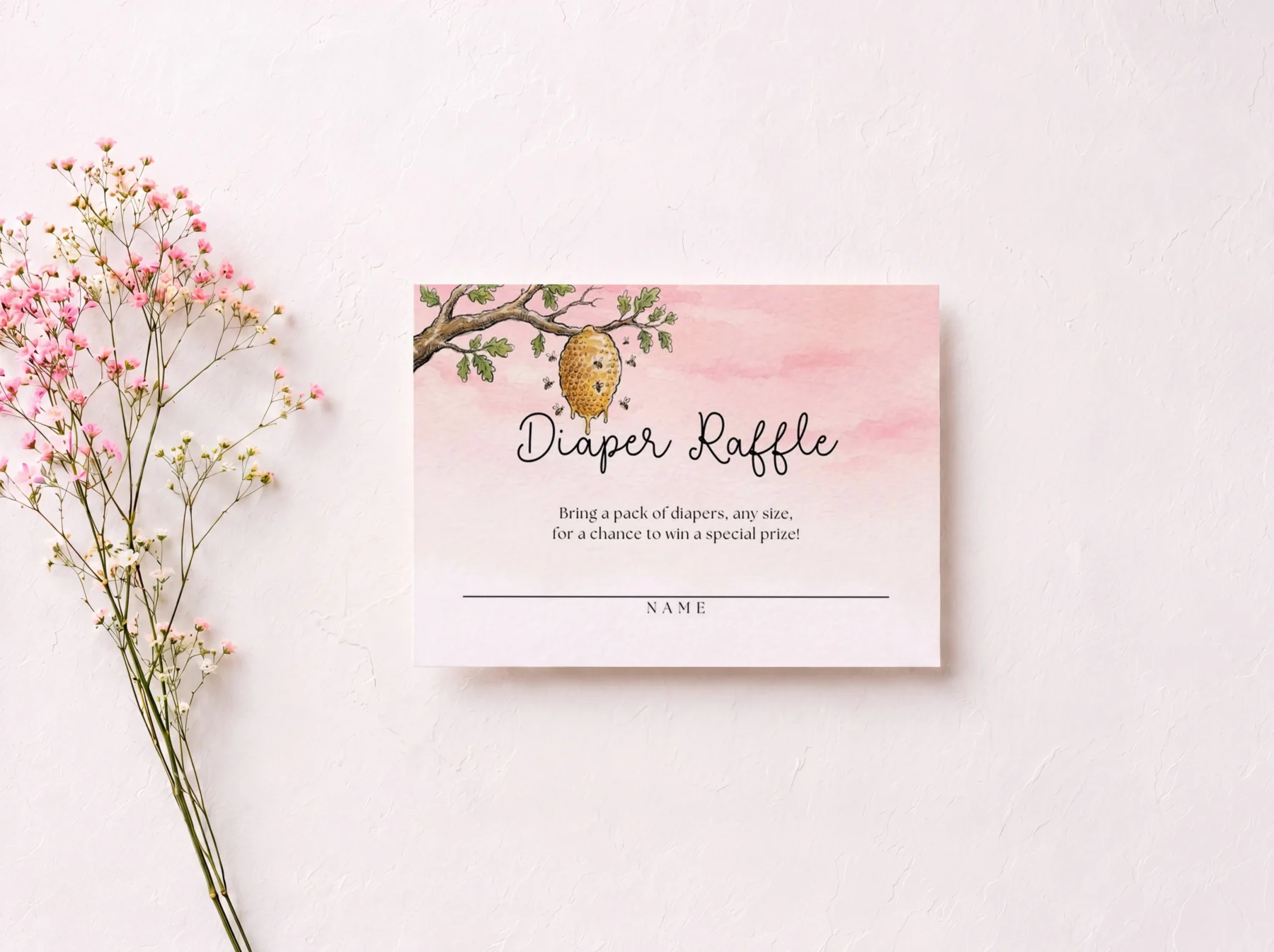 Winnie Pink Baby Shower Diaper Raffle Card Canva Template preview