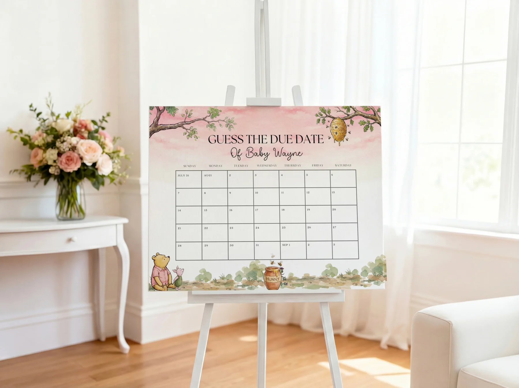 Winnie Pink Baby Shower Due Date Sign Canva Template detail 2