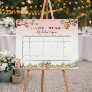 Winnie Pink Baby Shower Due Date Sign Canva Template preview