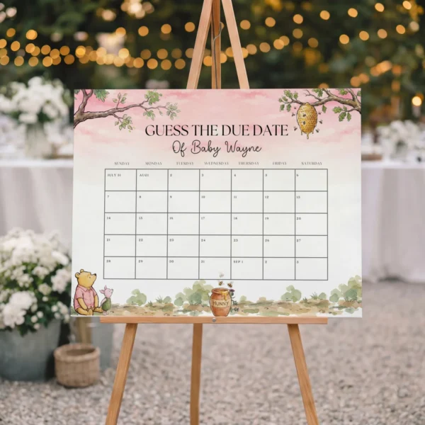 Winnie Pink Baby Shower Due Date Sign Canva Template preview
