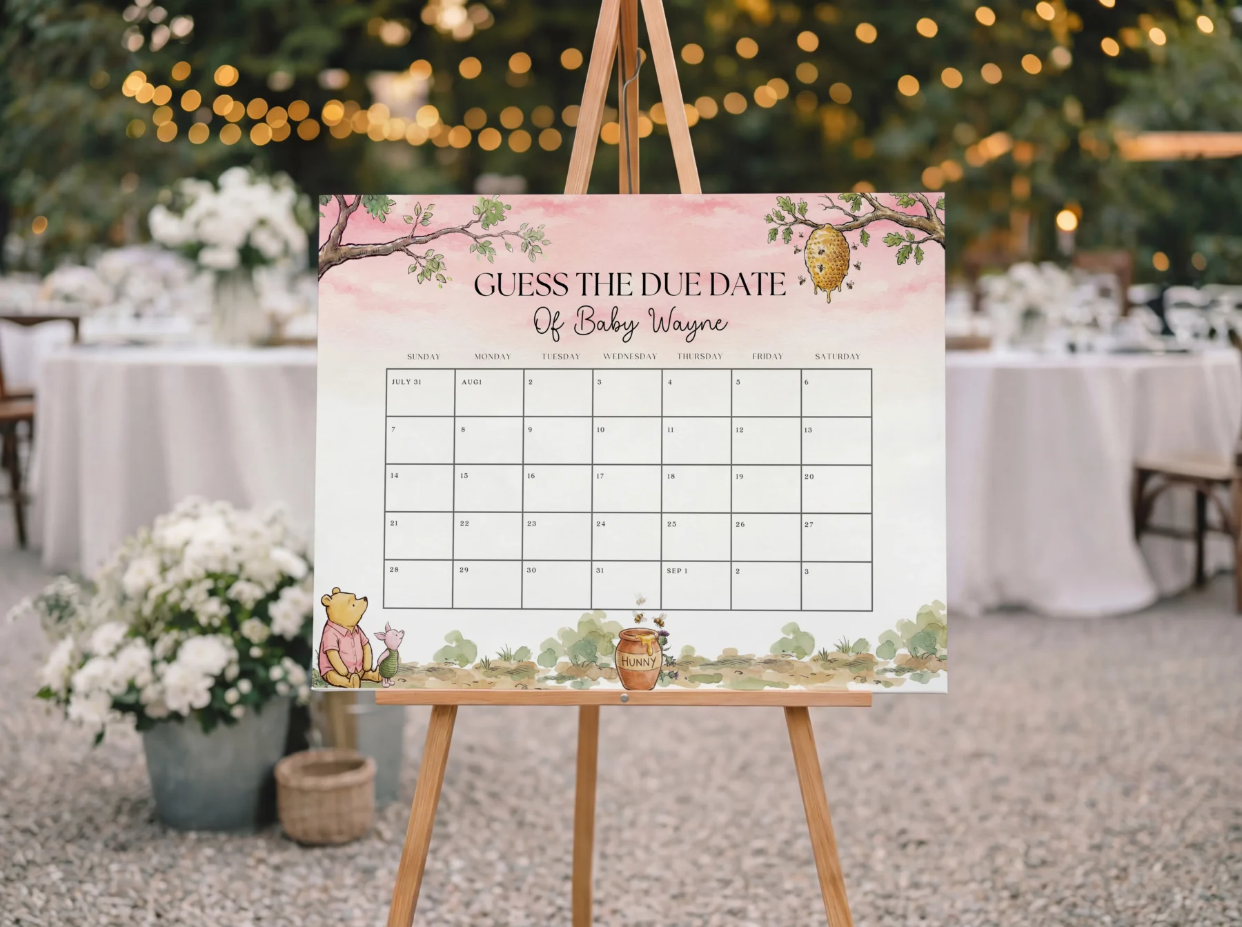 Winnie Pink Baby Shower Due Date Sign Canva Template preview