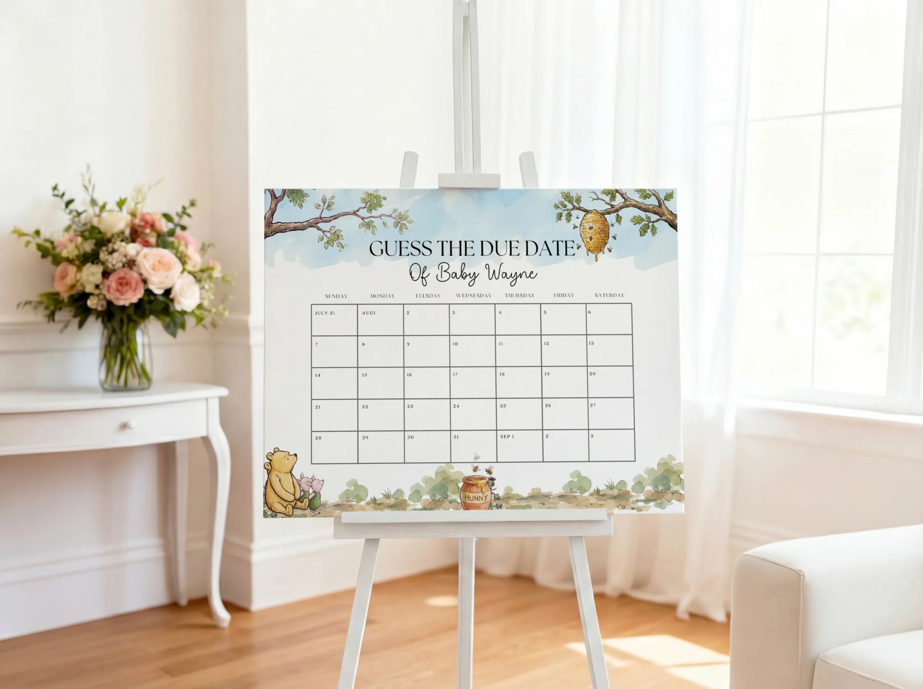 Winnie the Poon Blue Baby Shower Due Date Sign Canva Template detail 2