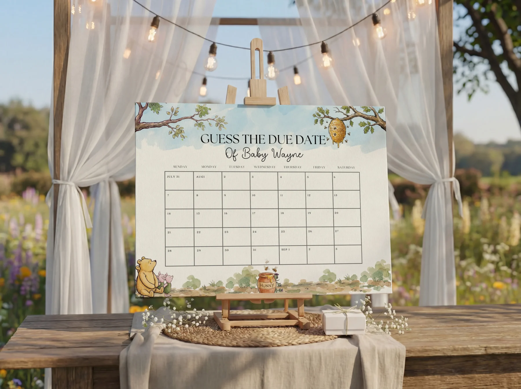 Winnie the Poon Blue Baby Shower Due Date Sign Canva Template detail 3