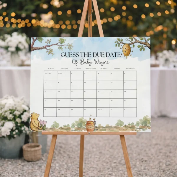 Winnie the Poon Blue Baby Shower Due Date Sign Canva Template preview