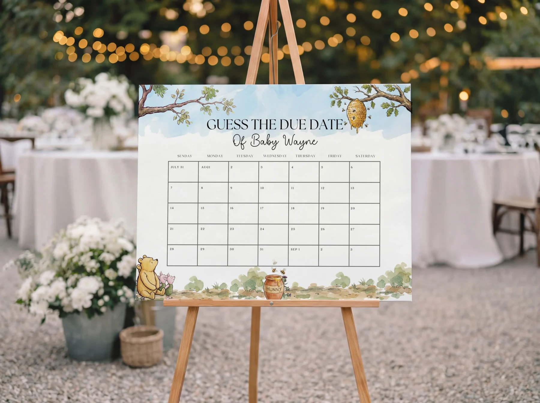 Winnie the Poon Blue Baby Shower Due Date Sign Canva Template preview