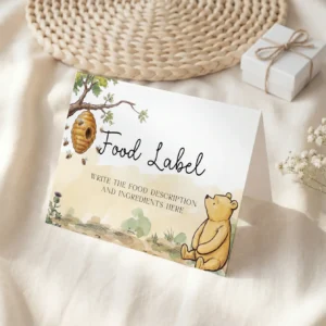 Winnie Beige Baby Shower Food Label Canva Template preview
