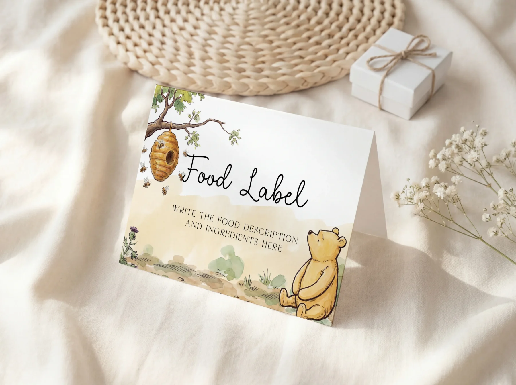 Winnie Beige Baby Shower Food Label Canva Template preview