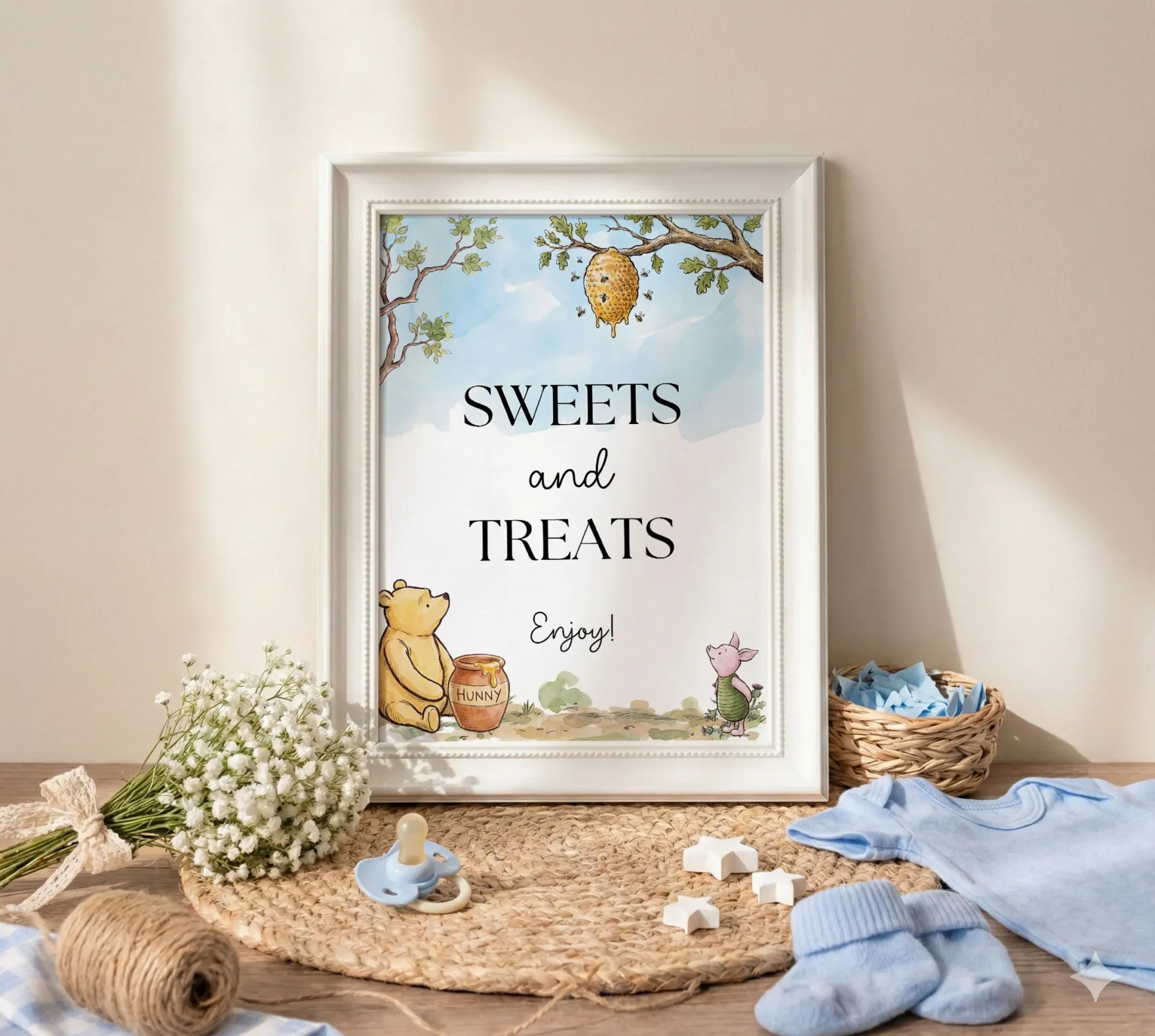 Winnie the Poon Blue Baby Shower Sign Canva Template detail 3