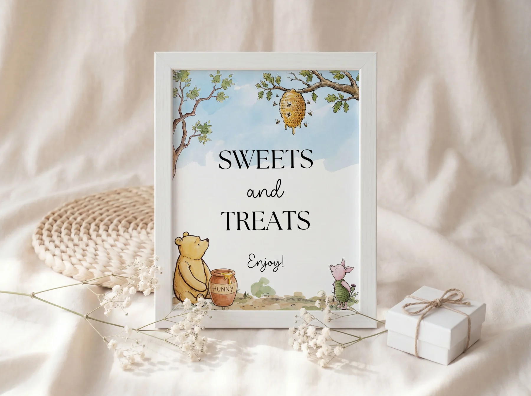 Winnie the Poon Blue Baby Shower Sign Canva Template preview